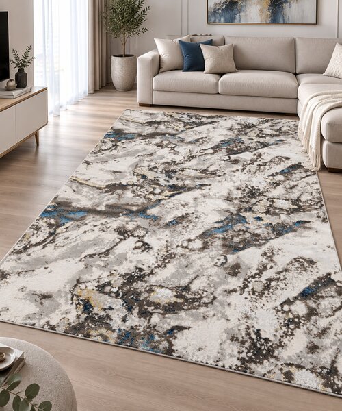Covor Modern Elsa 12288 5 Crem-Gri cu Albastru și Auriu, Model Abstract 150x230