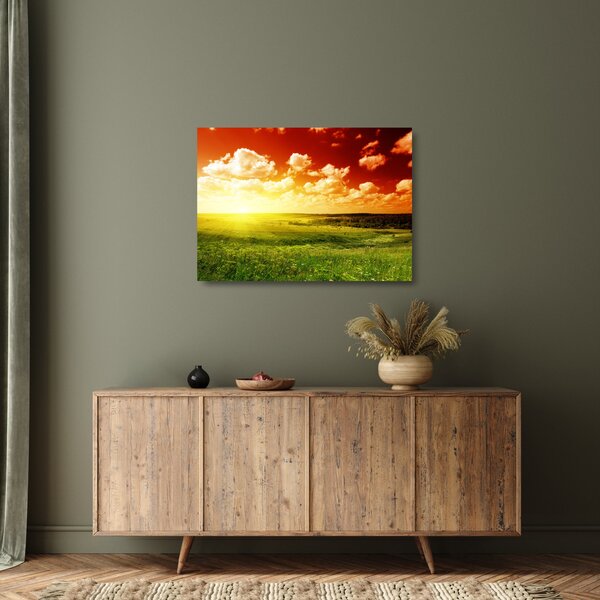 Tablou pe sticlă cu luncă cu soarele strălucitor (70x50 cm)