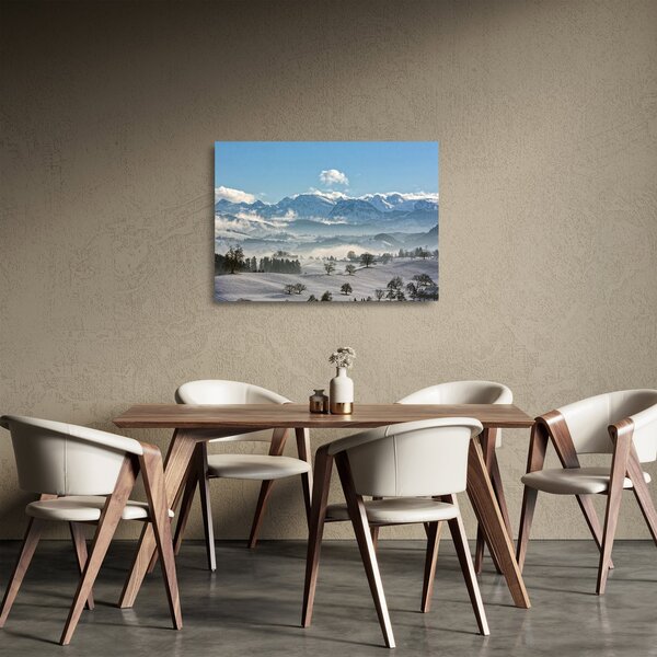 Tablou pe sticlă cu munții înzăpeziți (70x50 cm)