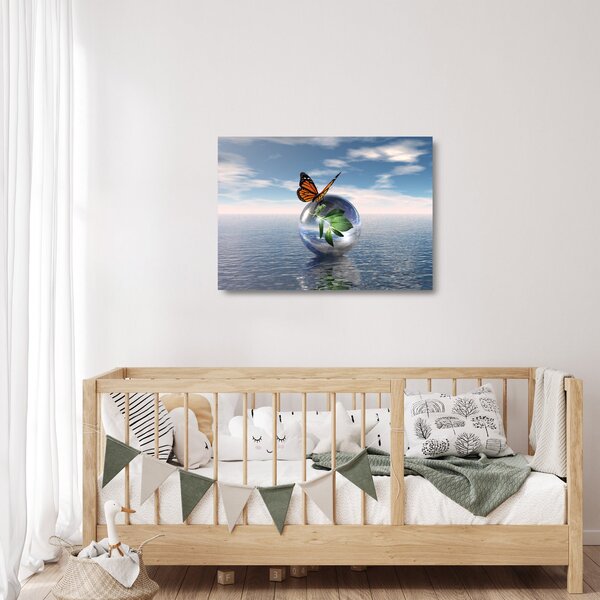 Tablou pe sticlă cu fluture pe bilă din sticlă (70x50 cm)