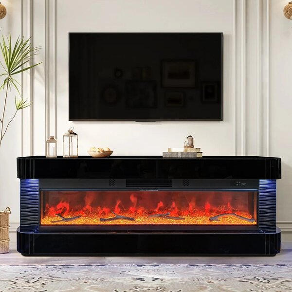 Șemineu Electric cu Flacără LED în 7 Culori, Comodă TV, Bluetooth, Difuzoare Integrate, Iluminare LED Ambientală, Telecomandă, MDF, Finisaj Negru Oglindă