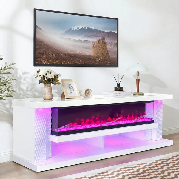 Șemineu Electric cu Flacără LED în 7 Culori, Comodă TV, Bluetooth, Difuzoare Integrate, Iluminare LED Ambientală, Telecomandă, MDF, Finisaj Alb Oglindă