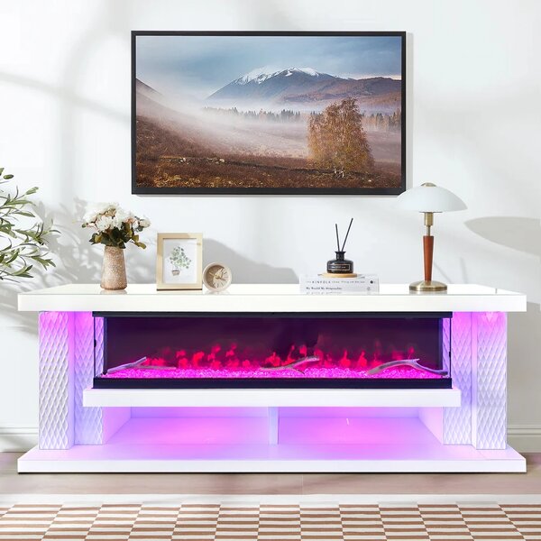 Șemineu Electric cu Flacără LED în 7 Culori, Comodă TV, Bluetooth, Difuzoare Integrate, Iluminare LED Ambientală, Telecomandă, MDF, Finisaj Alb Oglindă