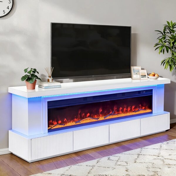 Șemineu Electric cu Flacără LED în 7 Culori, Comodă TV, Bluetooth, Difuzoare Integrate, Iluminare LED Ambientală, Telecomandă, MDF, Finisaj Alb Oglindă