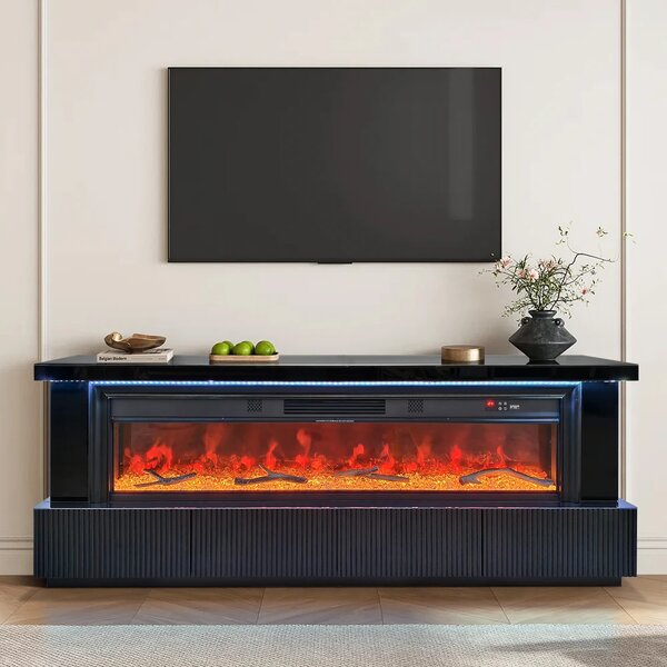 Șemineu Electric cu Flacără LED în 7 Culori, Comodă TV, Bluetooth, Difuzoare Integrate, Iluminare LED Ambientală, Telecomandă, MDF, Finisaj Negru Oglindă