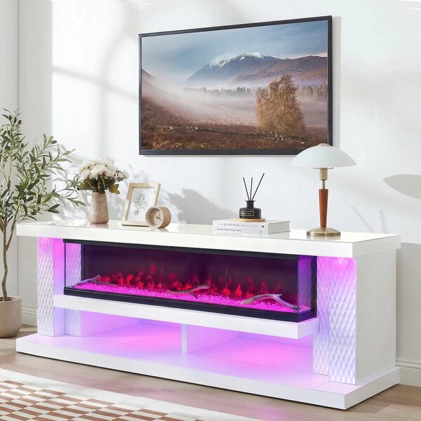 Șemineu Electric cu Flacără LED în 7 Culori, Comodă TV, Bluetooth, Difuzoare Integrate, Iluminare LED Ambientală, Telecomandă, MDF, Finisaj Alb Oglindă