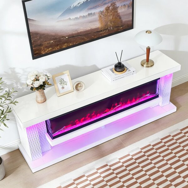 Șemineu Electric cu Flacără LED în 7 Culori, Comodă TV, Bluetooth, Difuzoare Integrate, Iluminare LED Ambientală, Telecomandă, MDF, Finisaj Alb Oglindă