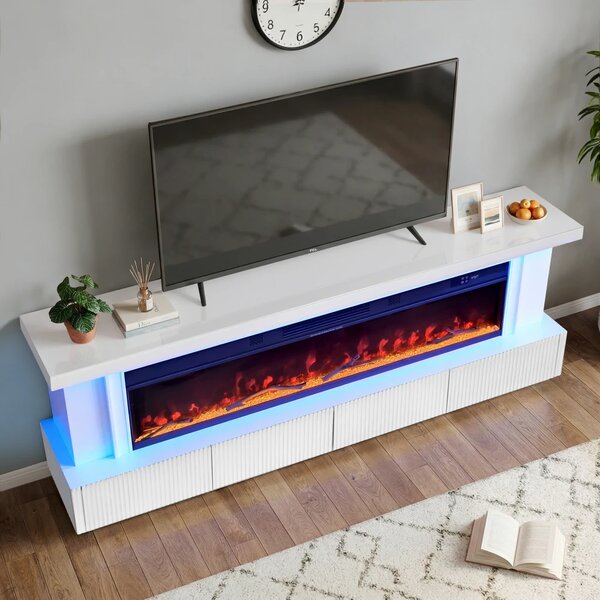 Șemineu Electric cu Flacără LED în 7 Culori, Comodă TV, Bluetooth, Difuzoare Integrate, Iluminare LED Ambientală, Telecomandă, MDF, Finisaj Alb Oglindă