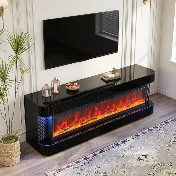 Șemineu Electric cu Flacără LED în 7 Culori, Comodă TV, Bluetooth, Difuzoare Integrate, Iluminare LED Ambientală, Telecomandă, MDF, Finisaj Negru Oglindă