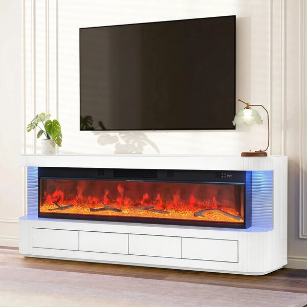 Șemineu Electric cu Flacără LED în 7 Culori, Comodă TV, Bluetooth, Difuzoare Integrate, Iluminare LED Ambientală, Telecomandă, MDF, Finisaj Alb Oglindă