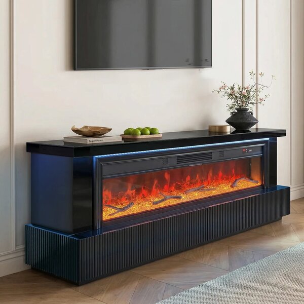 Șemineu Electric cu Flacără LED în 7 Culori, Comodă TV, Bluetooth, Difuzoare Integrate, Iluminare LED Ambientală, Telecomandă, MDF, Finisaj Negru Oglindă