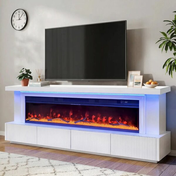 Șemineu Electric cu Flacără LED în 7 Culori, Comodă TV, Bluetooth, Difuzoare Integrate, Iluminare LED Ambientală, Telecomandă, MDF, Finisaj Alb Oglindă