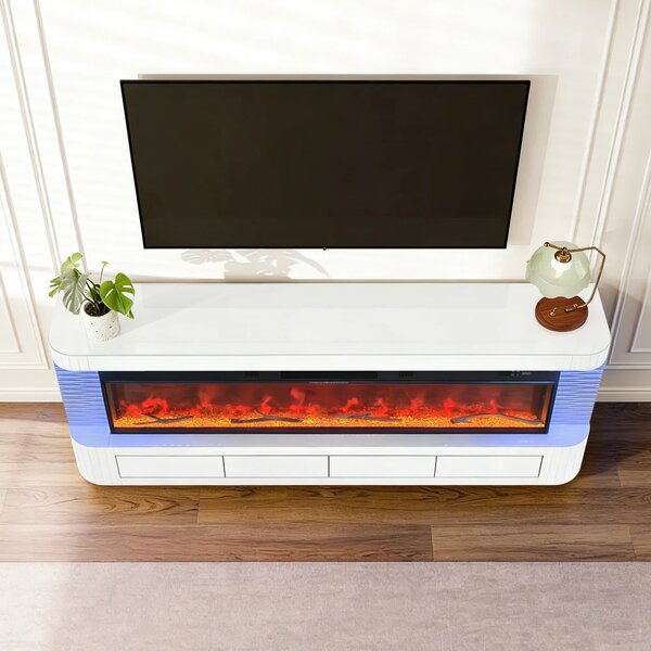 Șemineu Electric cu Flacără LED în 7 Culori, Comodă TV, Bluetooth, Difuzoare Integrate, Iluminare LED Ambientală, Telecomandă, MDF, Finisaj Alb Oglindă