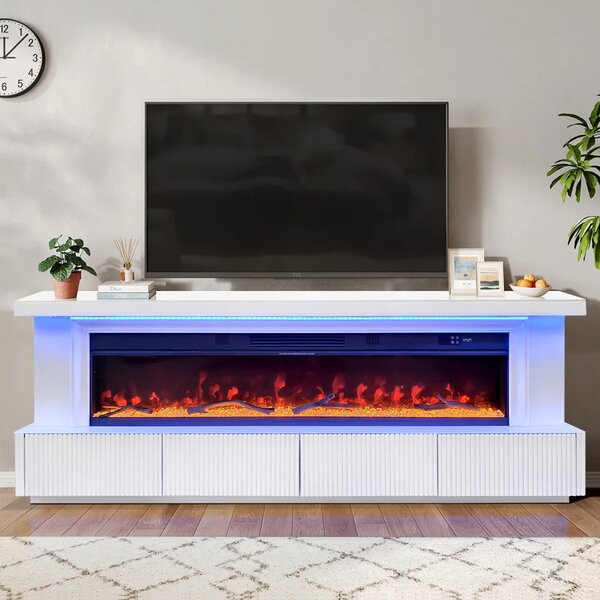 Șemineu Electric cu Flacără LED în 7 Culori, Comodă TV, Bluetooth, Difuzoare Integrate, Iluminare LED Ambientală, Telecomandă, MDF, Finisaj Alb Oglindă