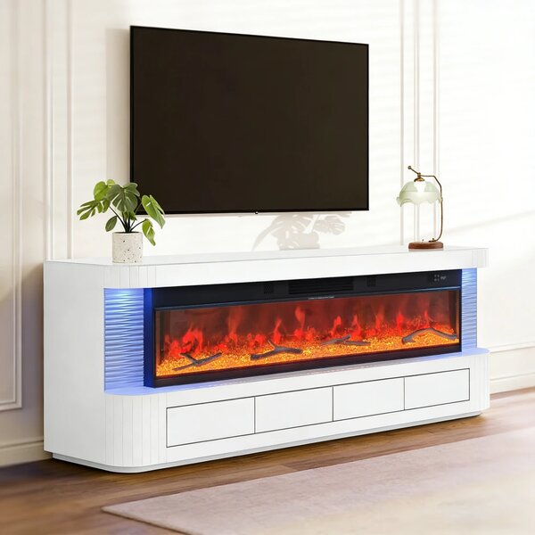 Șemineu Electric cu Flacără LED în 7 Culori, Comodă TV, Bluetooth, Difuzoare Integrate, Iluminare LED Ambientală, Telecomandă, MDF, Finisaj Alb Oglindă