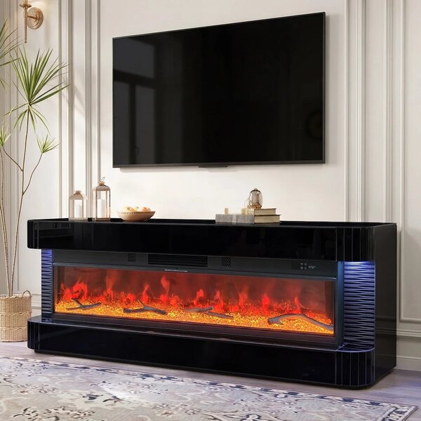 Șemineu Electric cu Flacără LED în 7 Culori, Comodă TV, Bluetooth, Difuzoare Integrate, Iluminare LED Ambientală, Telecomandă, MDF, Finisaj Negru Oglindă