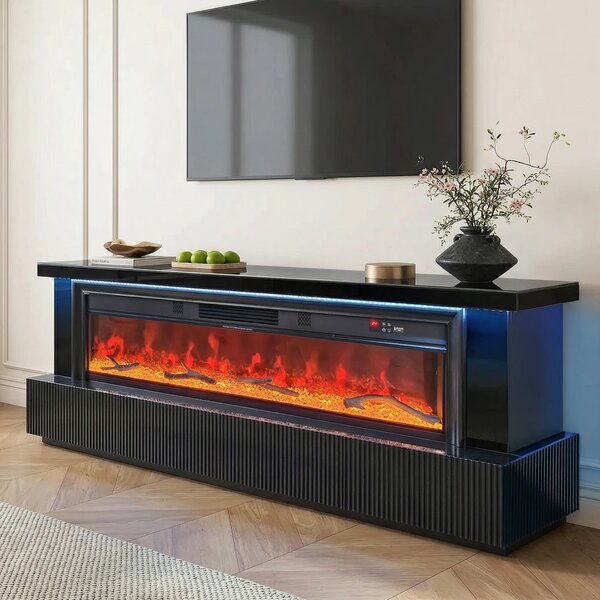 Șemineu Electric cu Flacără LED în 7 Culori, Comodă TV, Bluetooth, Difuzoare Integrate, Iluminare LED Ambientală, Telecomandă, MDF, Finisaj Negru Oglindă