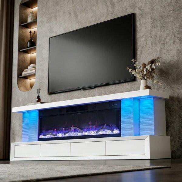 Șemineu Electric cu Flacără LED în 7 Culori, Comodă TV, Bluetooth, Difuzoare Integrate, Iluminare LED Ambientală, Telecomandă, MDF, Finisaj Alb Oglindă