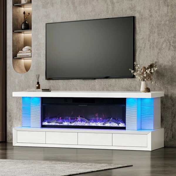 Șemineu Electric cu Flacără LED în 7 Culori, Comodă TV, Bluetooth, Difuzoare Integrate, Iluminare LED Ambientală, Telecomandă, MDF, Finisaj Alb Oglindă
