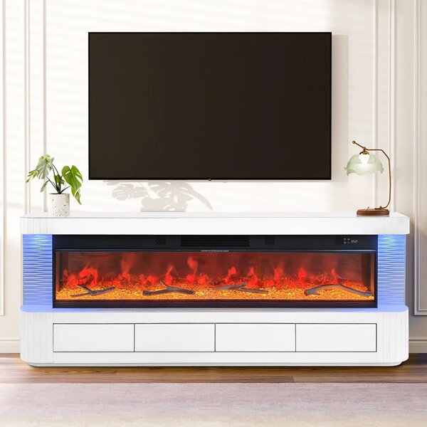Șemineu Electric cu Flacără LED în 7 Culori, Comodă TV, Bluetooth, Difuzoare Integrate, Iluminare LED Ambientală, Telecomandă, MDF, Finisaj Alb Oglindă