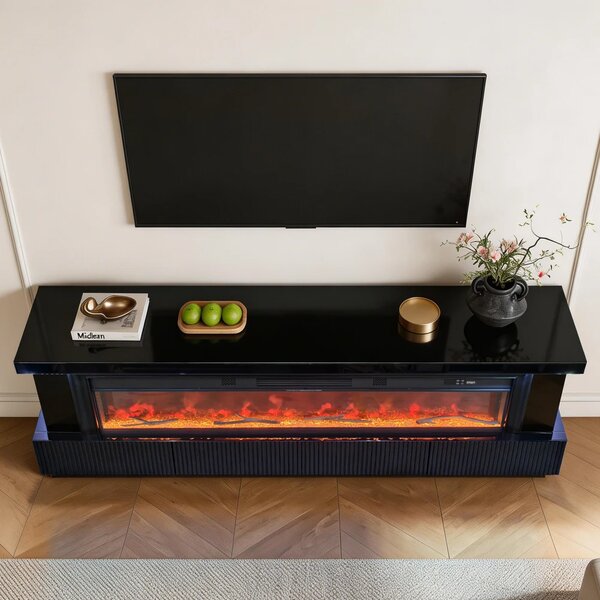 Șemineu Electric cu Flacără LED în 7 Culori, Comodă TV, Bluetooth, Difuzoare Integrate, Iluminare LED Ambientală, Telecomandă, MDF, Finisaj Negru Oglindă