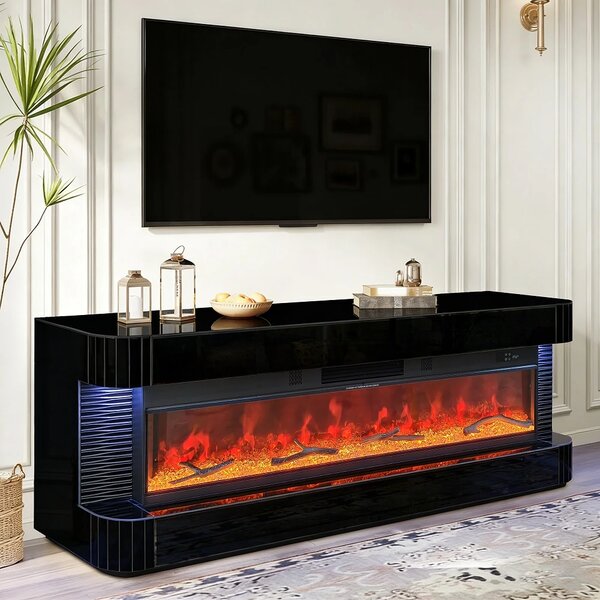 Șemineu Electric cu Flacără LED în 7 Culori, Comodă TV, Bluetooth, Difuzoare Integrate, Iluminare LED Ambientală, Telecomandă, MDF, Finisaj Negru Oglindă
