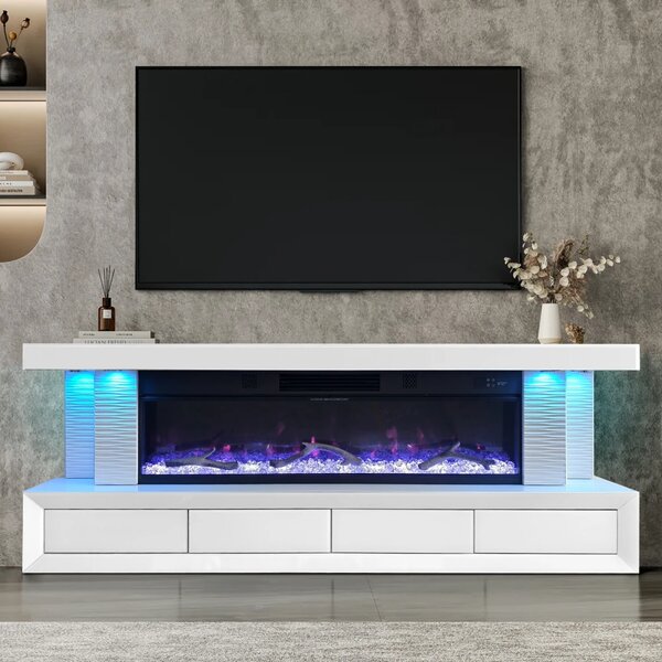 Șemineu Electric cu Flacără LED în 7 Culori, Comodă TV, Bluetooth, Difuzoare Integrate, Iluminare LED Ambientală, Telecomandă, MDF, Finisaj Alb Oglindă