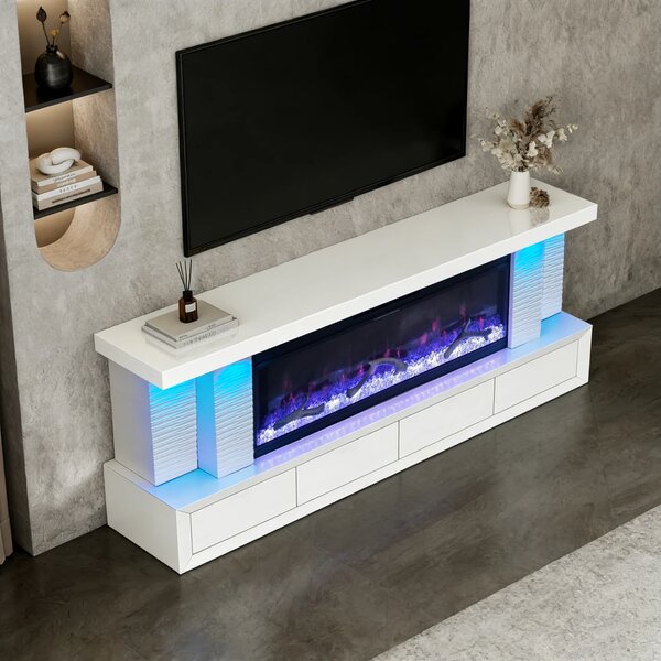 Șemineu Electric cu Flacără LED în 7 Culori, Comodă TV, Bluetooth, Difuzoare Integrate, Iluminare LED Ambientală, Telecomandă, MDF, Finisaj Alb Oglindă