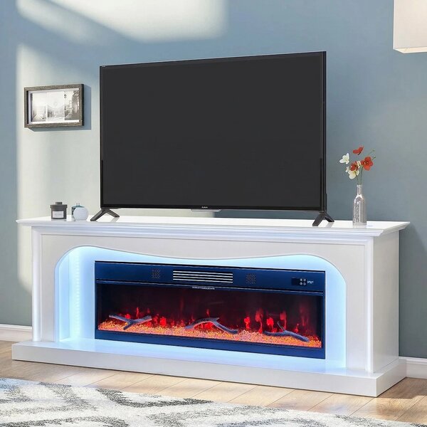 Șemineu Electric cu Flacără LED în 7 Culori, Comodă TV, Bluetooth, Difuzoare Integrate, Iluminare LED Ambientală, Telecomandă, MDF, Finisaj Alb Oglindă
