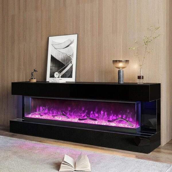 Șemineu Electric cu Flacără LED în 7 Culori, Comodă TV, Bluetooth, Difuzoare Integrate, Iluminare LED Ambientală, Telecomandă, MDF, Finisaj Negru Oglindă
