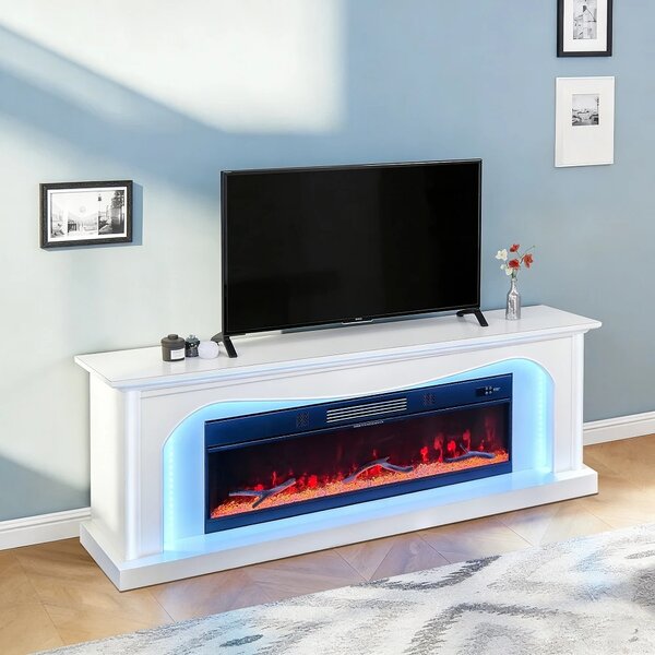 Șemineu Electric cu Flacără LED în 7 Culori, Comodă TV, Bluetooth, Difuzoare Integrate, Iluminare LED Ambientală, Telecomandă, MDF, Finisaj Alb Oglindă