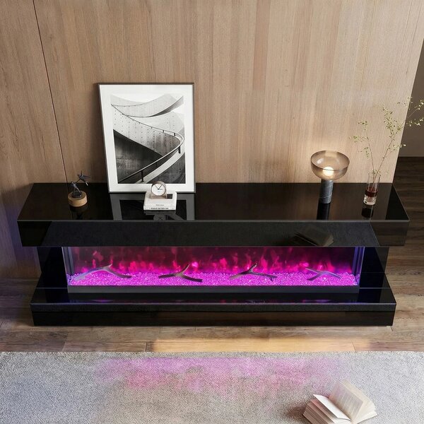 Șemineu Electric cu Flacără LED în 7 Culori, Comodă TV, Bluetooth, Difuzoare Integrate, Iluminare LED Ambientală, Telecomandă, MDF, Finisaj Negru Oglindă