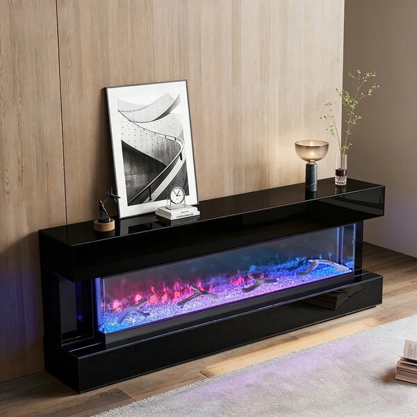 Șemineu Electric cu Flacără LED în 7 Culori, Comodă TV, Bluetooth, Difuzoare Integrate, Iluminare LED Ambientală, Telecomandă, MDF, Finisaj Negru Oglindă