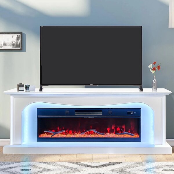 Șemineu Electric cu Flacără LED în 7 Culori, Comodă TV, Bluetooth, Difuzoare Integrate, Iluminare LED Ambientală, Telecomandă, MDF, Finisaj Alb Oglindă