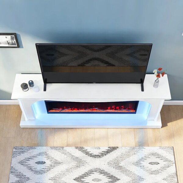 Șemineu Electric cu Flacără LED în 7 Culori, Comodă TV, Bluetooth, Difuzoare Integrate, Iluminare LED Ambientală, Telecomandă, MDF, Finisaj Alb Oglindă
