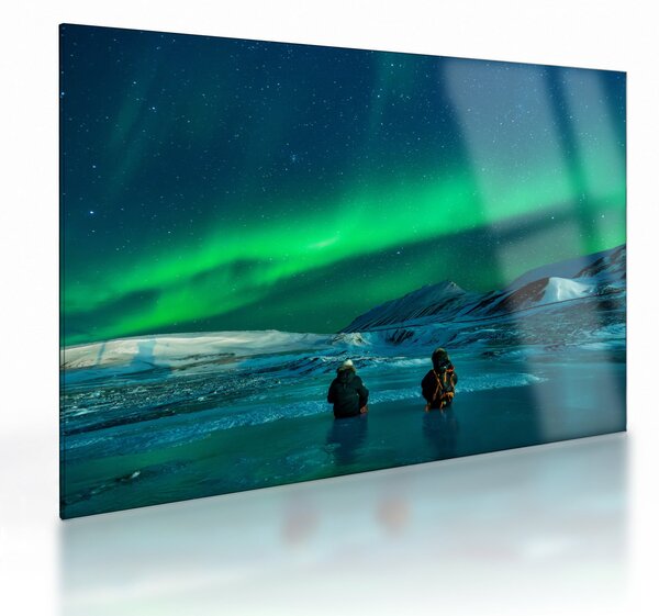 Tablou pe sticlă cu oameni la Aurora borealis (70x50 cm)