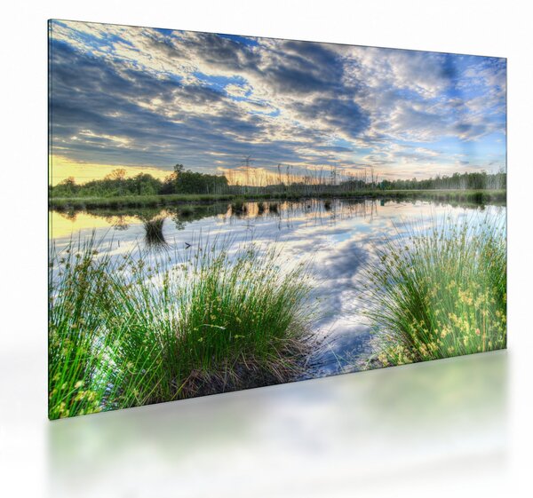 Tablou pe sticlă cu lac și trestie (70x50 cm)