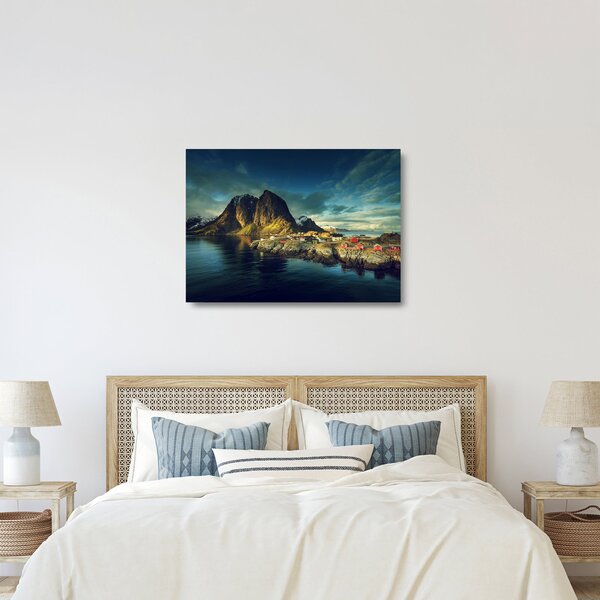 Tablou pe sticlă cu sat de pescari din Norvegia (70x50 cm)
