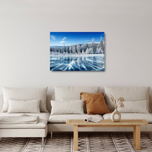 Tablou pe sticlă cu lacul înghețat și copacii înzăpeziți (70x50 cm)