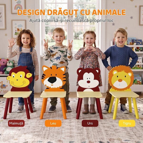AIYAPLAY Set masă și 4 scaune pentru copii 3-8 ani, model animale, picioare din lemn de pin, pentru camera copilului, galben | Aosom Romania