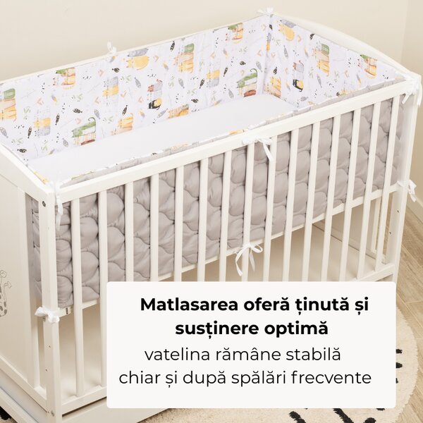Lenjerie patut bebe 120x60 cm 5 piese matlasata Kidizi Wiskers - aparatori laterale, cearsaf cu elastic, perna, plapumioara, bumbac Oeko-Tex