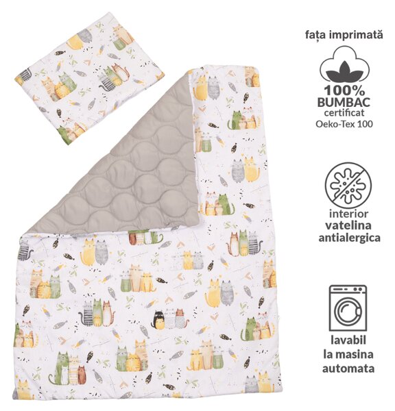 Lenjerie patut bebe 120x60 cm 5 piese matlasata Kidizi Wiskers - aparatori laterale, cearsaf cu elastic, perna, plapumioara, bumbac Oeko-Tex