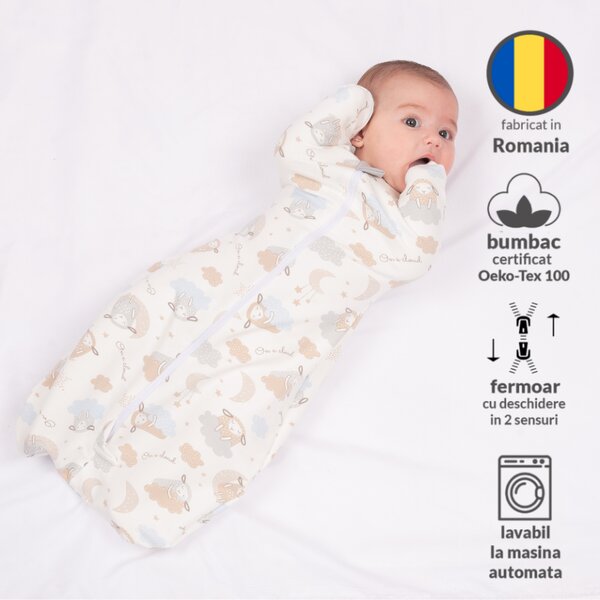 Sistem de infasat bebe Kidizi Swaddel Confort On a Cloud Pastel 0-4 luni – anti reflex Moro, 100% bumbac, fermoar dublu, 0.5 TOG