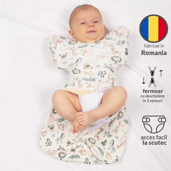 Sistem de infasat bebe Kidizi Swaddel Confort Orso 0-4 luni – anti reflex Moro, 100% bumbac, fermoar dublu, 0.5 TOG