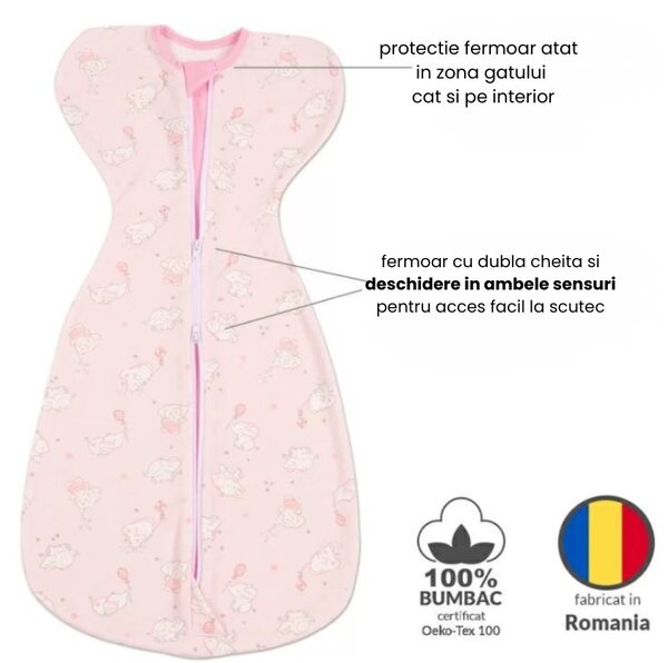 Sistem de infasat bebe Kidizi Swaddel Confort Elefun Pink 0-4 luni – anti reflex Moro, 100% bumbac, fermoar dublu, 0.5 TOG