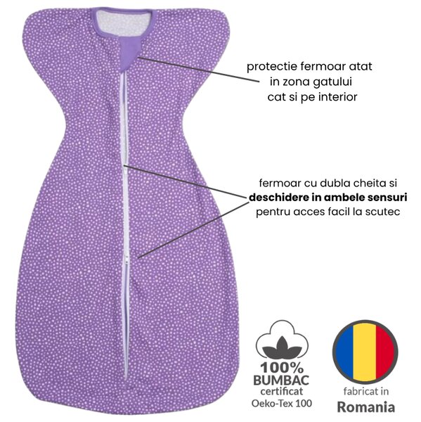 Sistem de infasat bebe Kidizi Swaddel Confort Purple Spots 0-4 luni – anti reflex Moro, 100% bumbac, fermoar dublu, 0.5 TOG (Default)