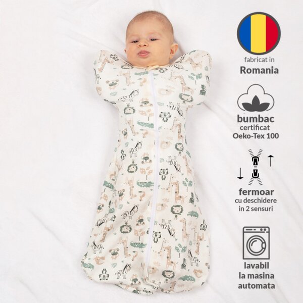 Sistem de infasat bebe Kidizi Swaddel Confort Safari 0-4 luni – anti reflex Moro, 100% bumbac, fermoar dublu, 0.5 TOG