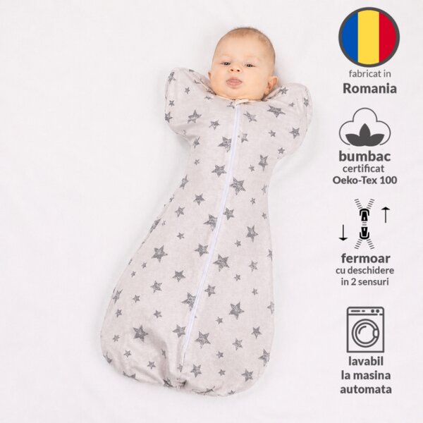 Sistem de infasat bebe Kidizi Swaddel Confort O a Cloud 0-4 luni – anti reflex Moro, 100% bumbac, fermoar dublu, 0.5 TOG