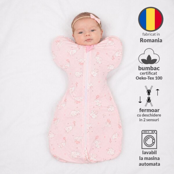 Sistem de infasat bebe Kidizi Swaddel Confort Elefun Pink 0-4 luni – anti reflex Moro, 100% bumbac, fermoar dublu, 0.5 TOG