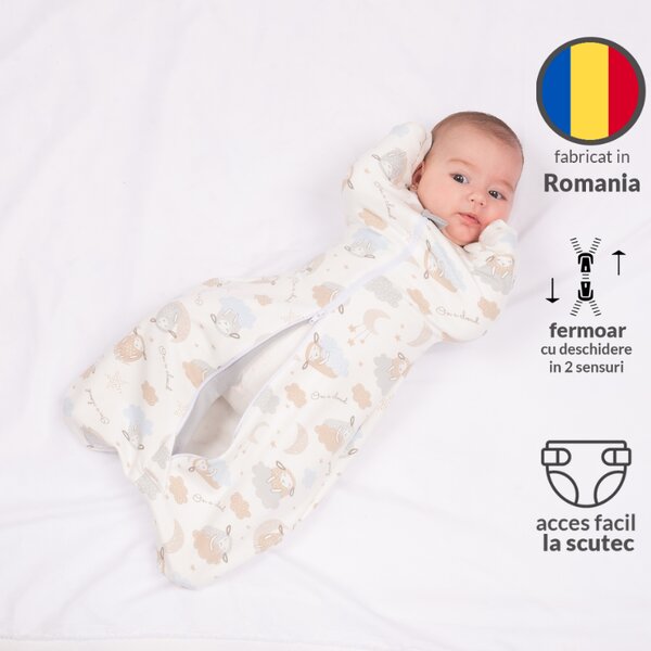 Sistem de infasat bebe Kidizi Swaddel Confort On a Cloud Pastel 0-4 luni – anti reflex Moro, 100% bumbac, fermoar dublu, 0.5 TOG